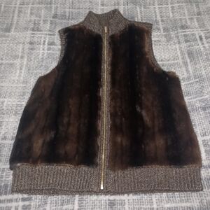 Michael Kors Sweater Faux Fur Full Zip Brown Vest Sz L